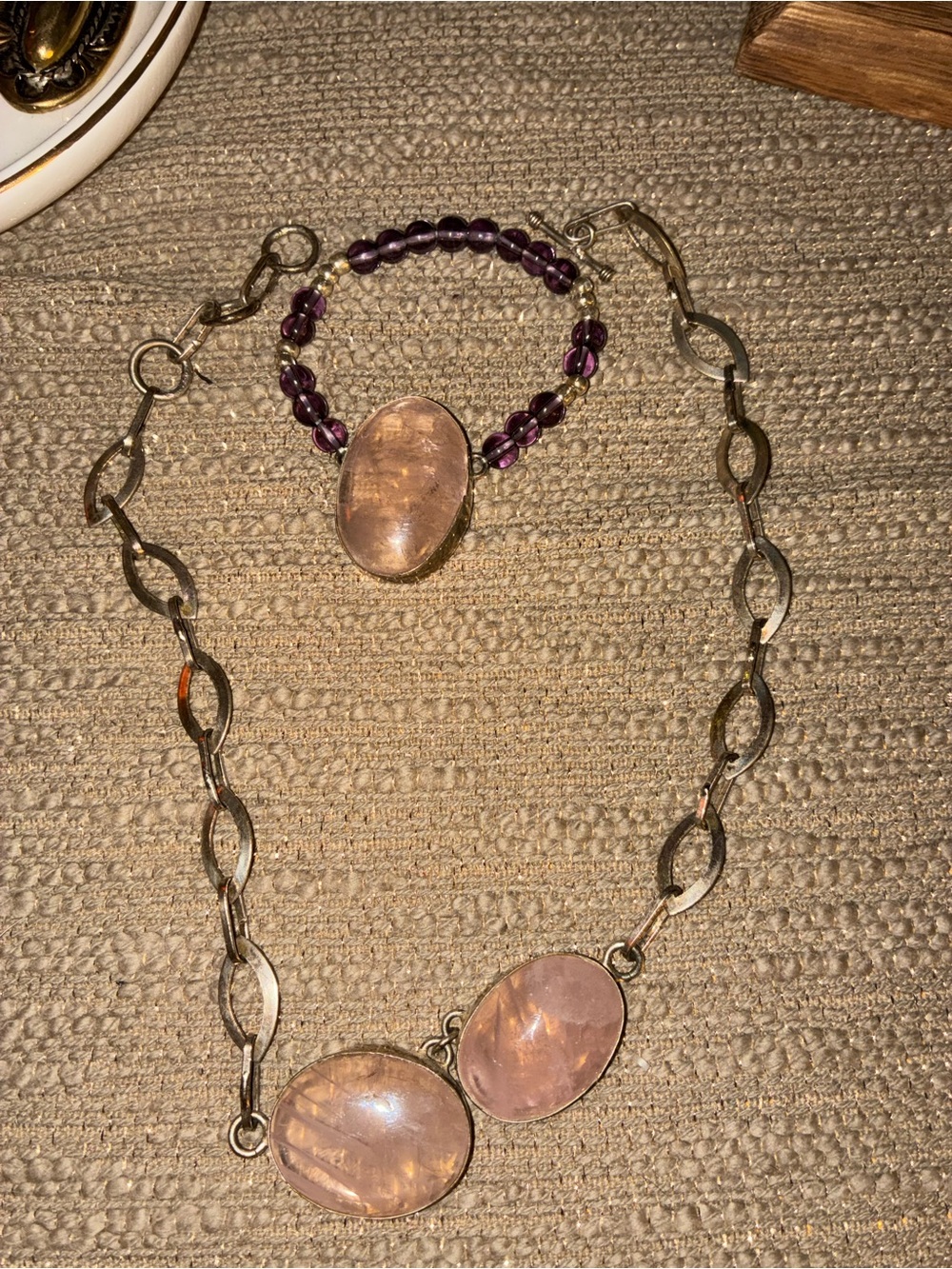 Handcrafted sterling silver Rose Quartz Pendant Necklace and  Bead Bracelet Set